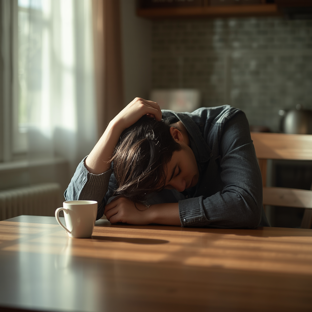 Person at kitchen table with head on hand, untouched coffee in morning light