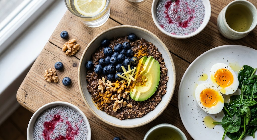 A balanced breakfast bowl featuring oats, blueberries, walnuts, and avocado.