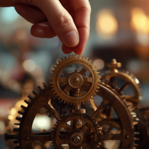 Close-up of hand placing gear into wooden and brass mechanical system