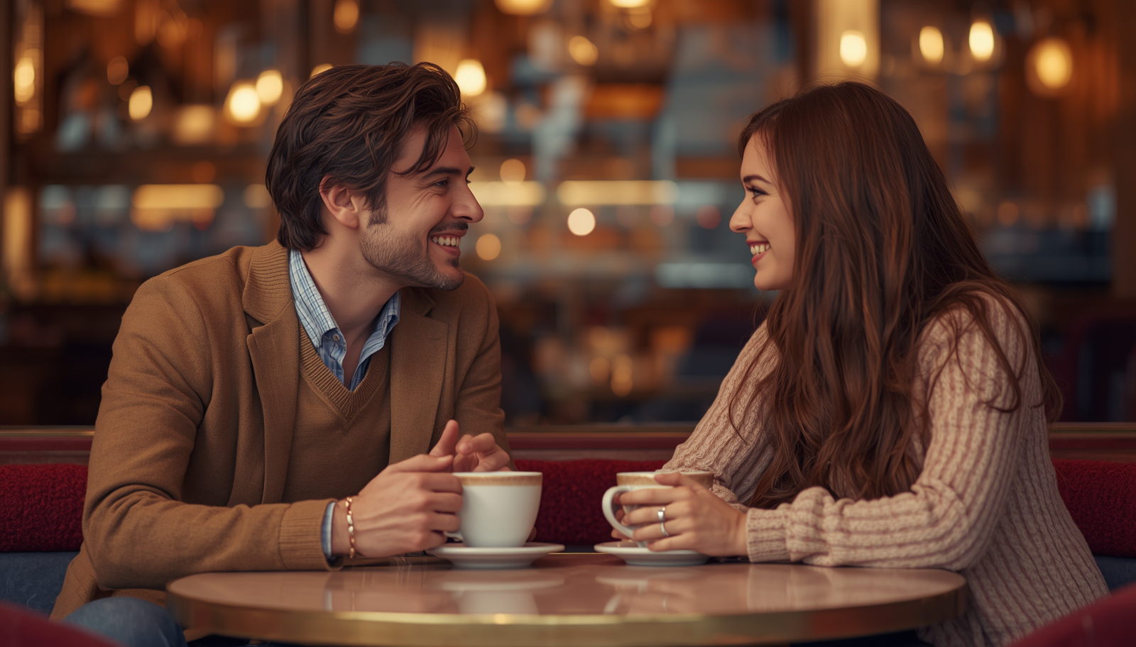Two people sharing warm conversation over coffee at cozy cafe table with bokeh lights
