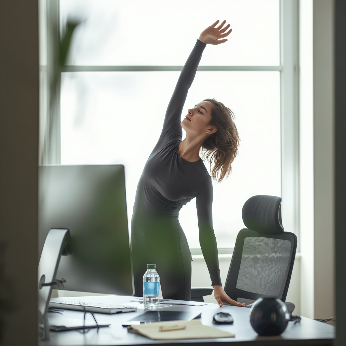 Person at standing desk stretching arm overhead in office with natural light
