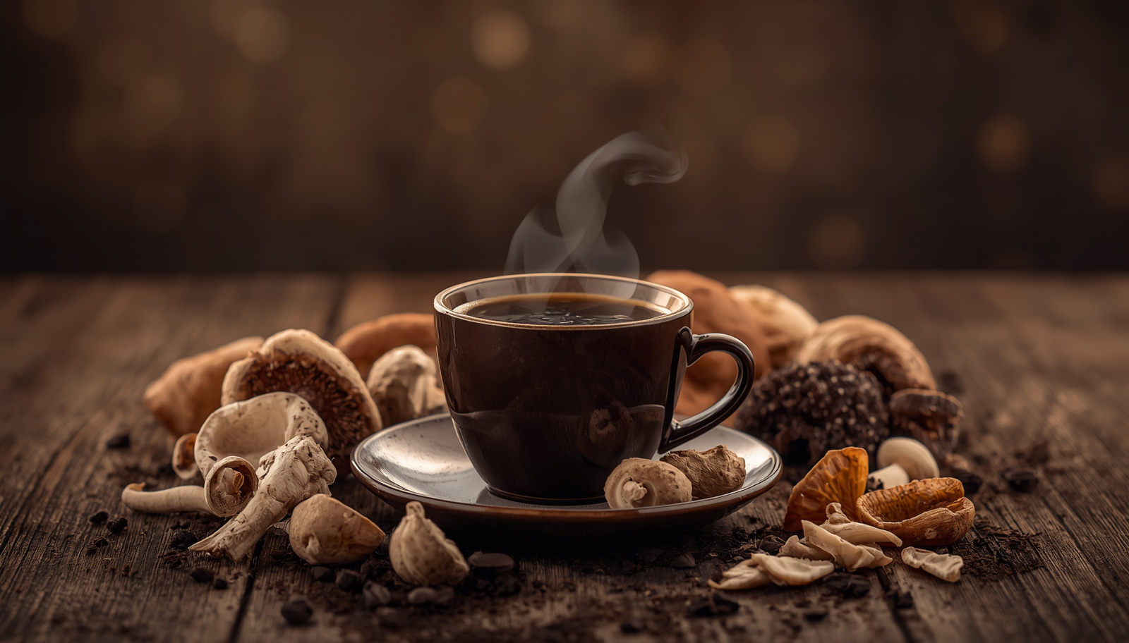Steaming coffee cup surrounded by lion's mane, reishi, chaga, and cordyceps mushrooms