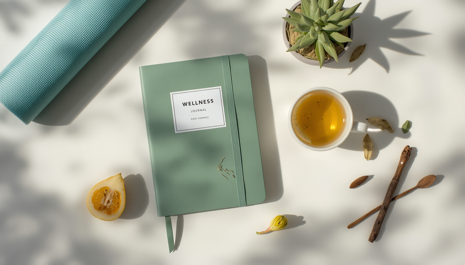 Overhead wellness flat lay with journal, herbal tea, yoga mat, plant, and natural elements on white surface