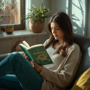 Woman reading wellness book on couch by sunny window with plants in calm home setting