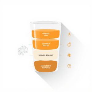 Layered glass showing orange juice, coconut water, sea salt, and magnesium with ingredient icons