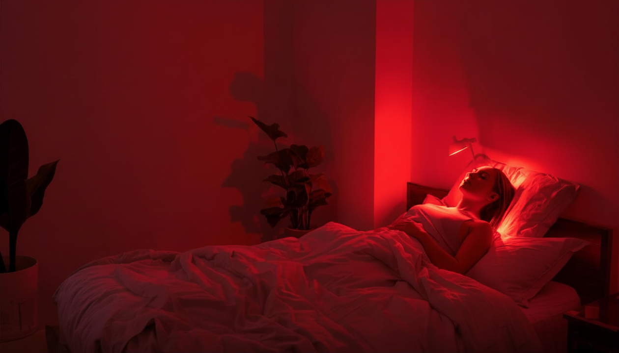 Person using red light therapy in a bedroom.