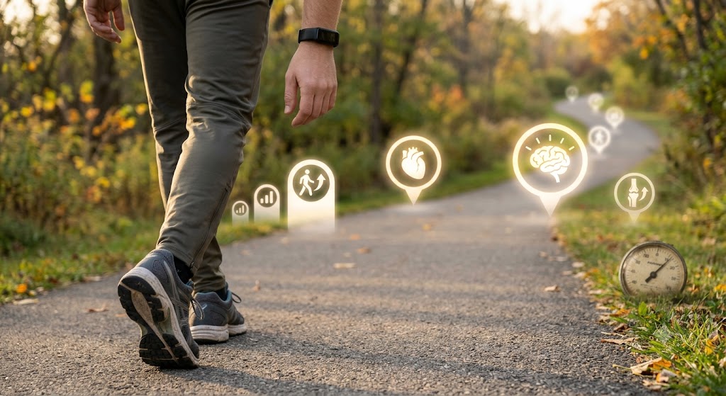 Person walking on a path with health-related icons.