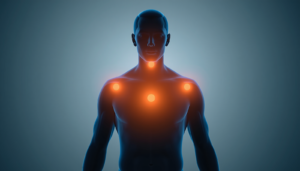 Human silhouette with glowing stress points in shoulders, jaw, chest, and hips