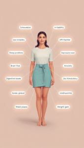 Woman with labeled symptoms including fatigue, brain fog, anxiety, and digestive issues