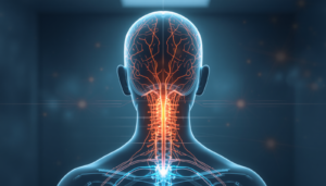 Glowing nerve pathway in a human neck.
