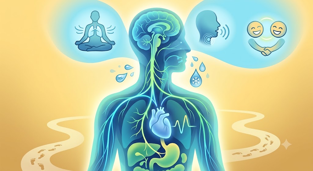 Anatomical illustration showing the vagus nerve connecting the brain to major organs, surrounded by icons for breathing, singing, and social connection.