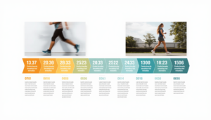 Timeline showing 10 alternating 3-minute intervals with photos of fast and relaxed walking