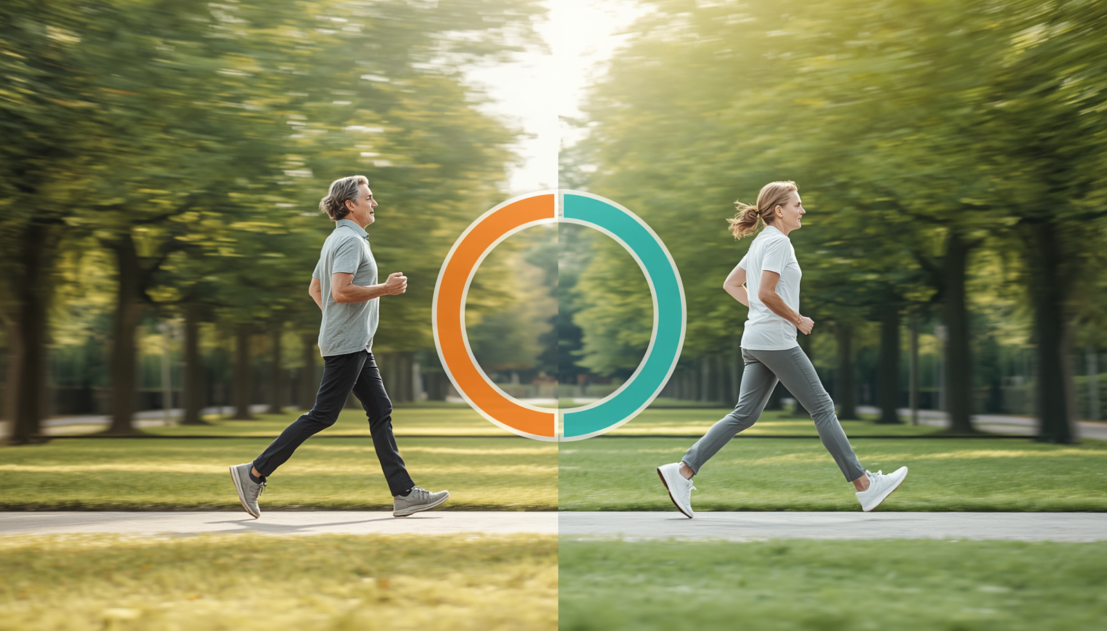 Split-screen of person walking fast and slow in park with circular timer showing interval segments