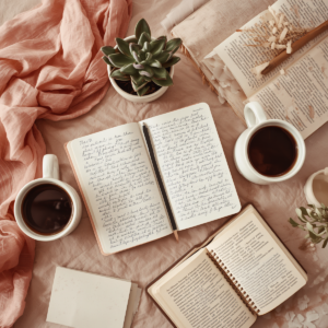 Overhead flat lay of relationship books, journal with handwritten notes, two coffee mugs, and plant in warm rose tones