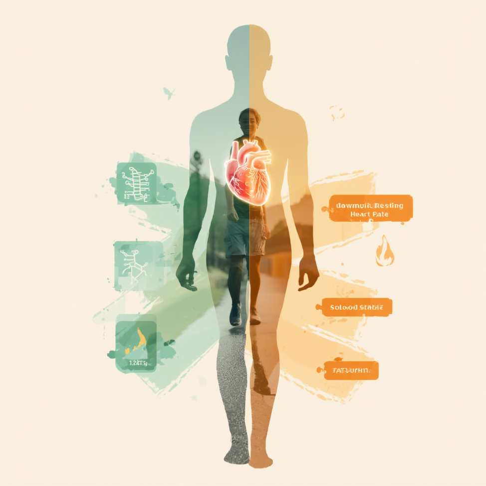 Person walking outdoors shown inside translucent body silhouette with glowing internal metabolic indicators including mitochondria, heart rate, blood sugar curve, and fat burning flame