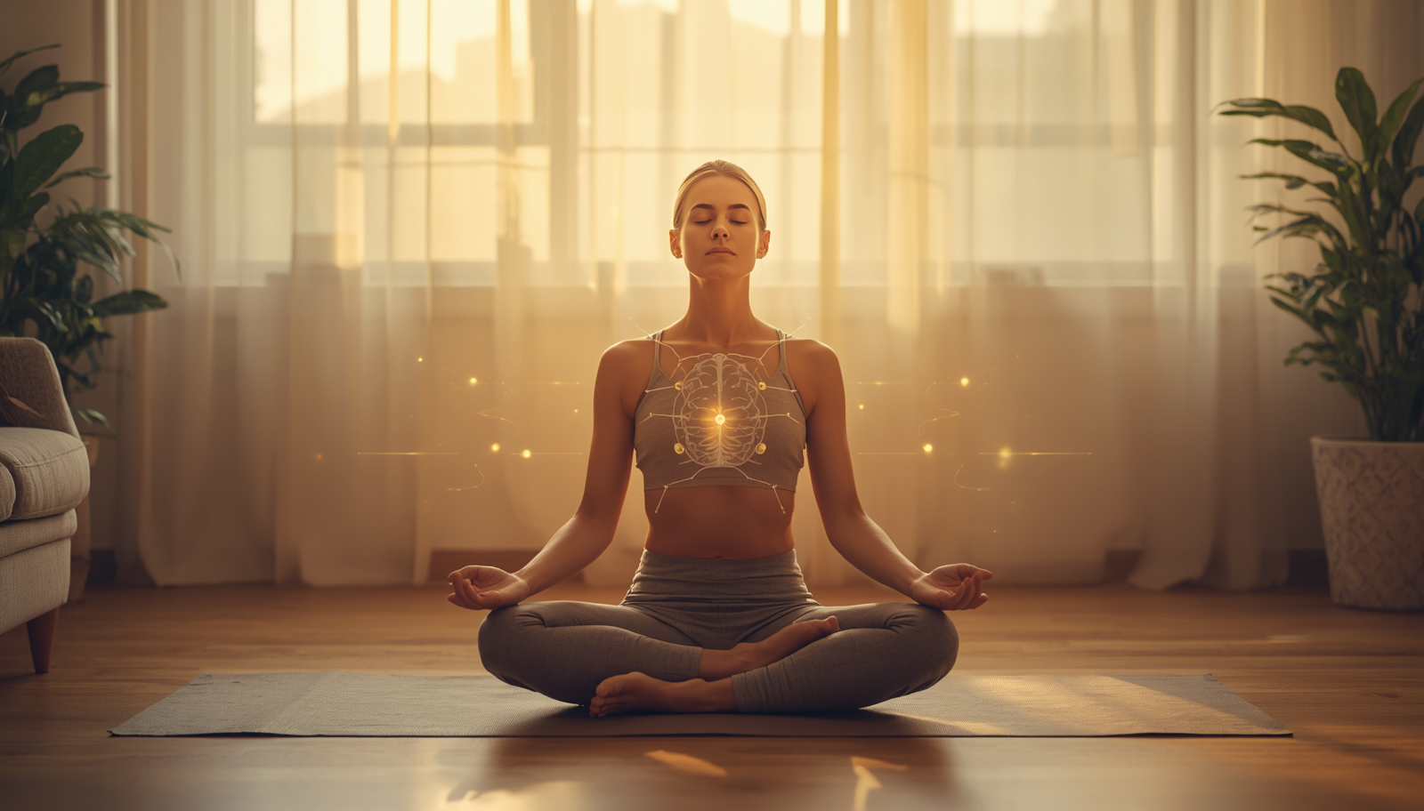 Person meditating on yoga mat with hands on chest and belly in soft natural light