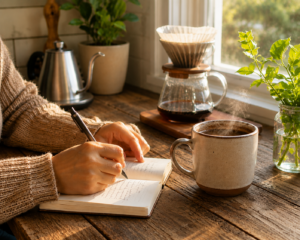 Journaling next to a cup of coffee as part of a daily habit-stacking routine