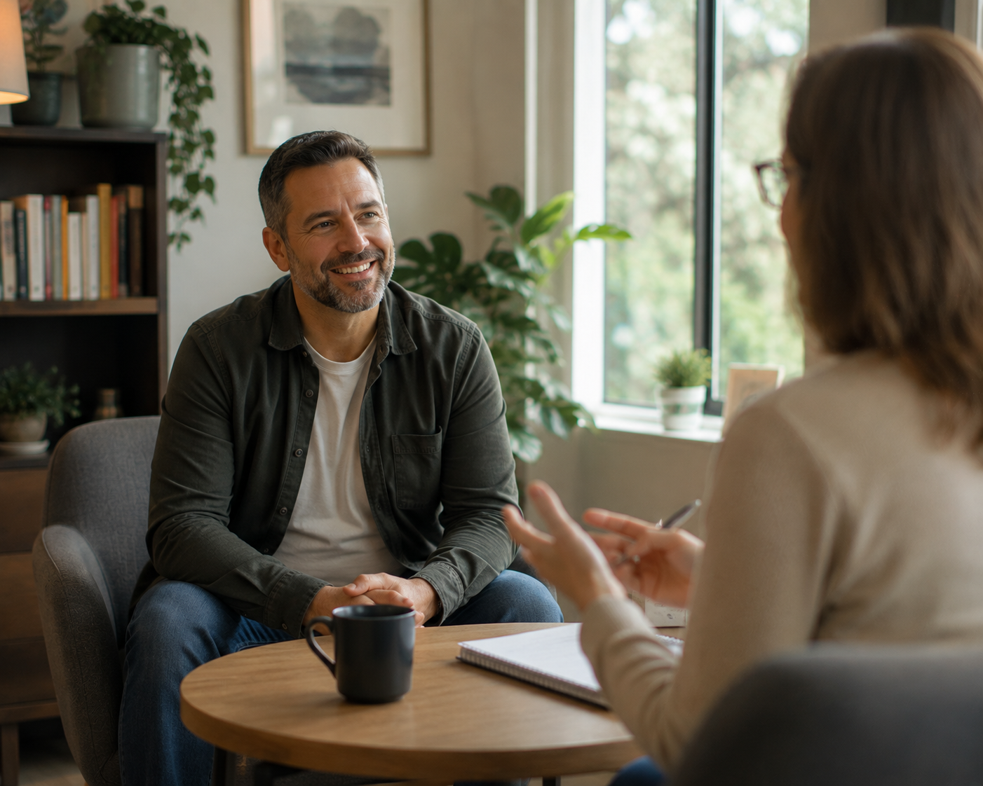 Man having a supportive conversation with a behavioral health professional