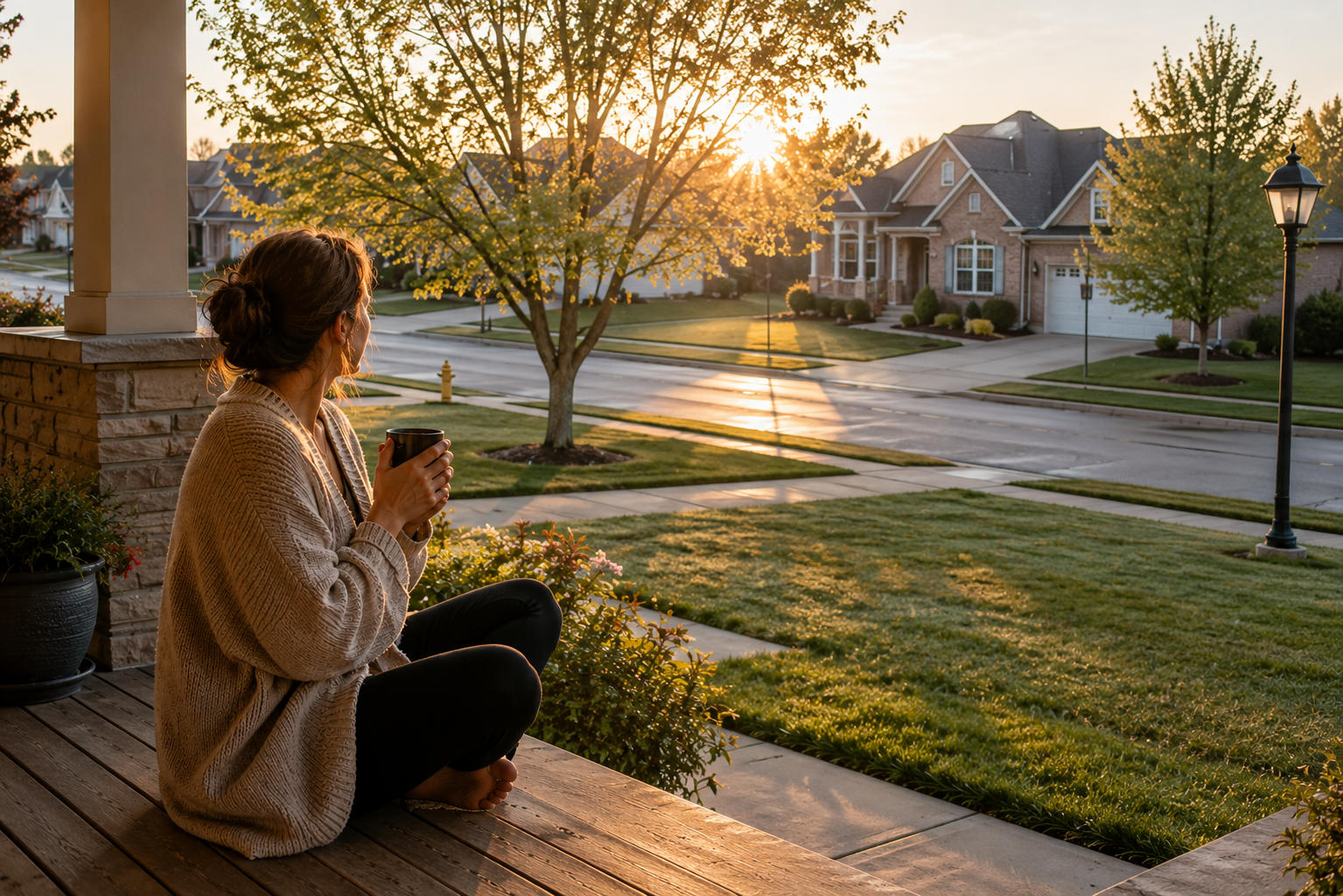 Woman sitting peacefully on her porch with coffee during a quiet morning routine