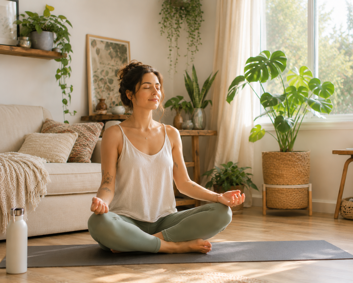 Person meditating quietly at home in a sunlit room