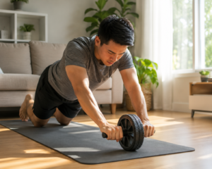 Person using an ab wheel roller for a home core workout