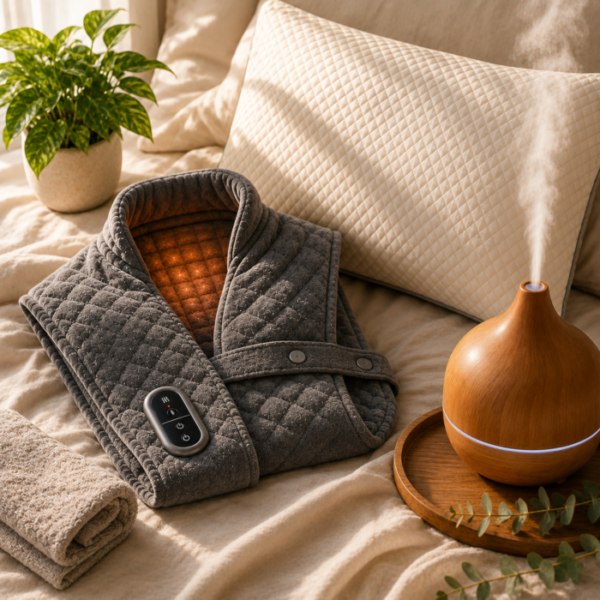 Wellness self-care products including a wearable heating pad, memory foam pillow, and aromatherapy diffuser