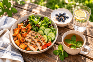 Light balanced lunch with chicken, sweet potato, greens, yogurt, and peppermint tea on a picnic table to help reduce bloating at night