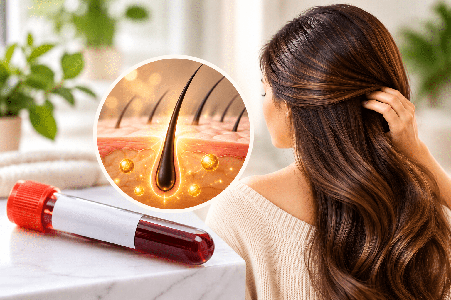 Woman touching her long brown hair beside a blood test tube and a hair follicle illustration, showing ferritin level for hair regrowth