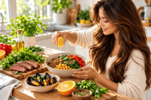 Woman squeezing lemon over a lentil and spinach bowl with beef, mussels, and pumpkin seeds, iron-rich foods to raise ferritin